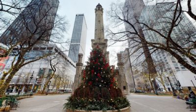 Chicago’s Water Tower with a Christmas Tree